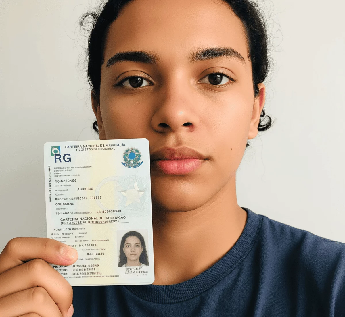 ✅ Como Renovar o Passaporte Brasileiro no Porto (Guia 2025 Correio e Presencial) Exemplo de selfie de segurança correta para o consulado, mostrando o rosto e o documento de identificação.