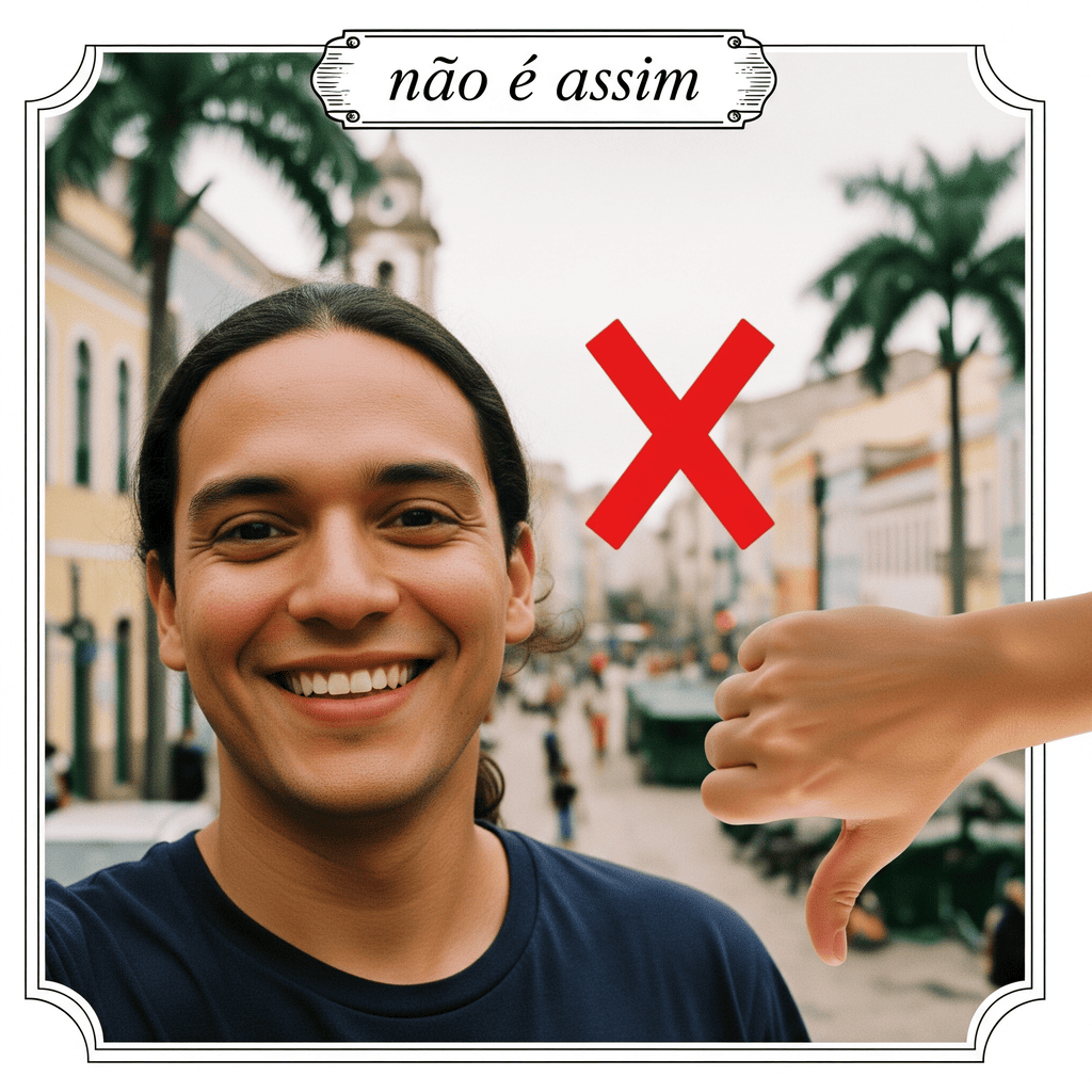 Exemplo de foto incorreta para passaporte: selfie com sorriso e fundo inadequado.